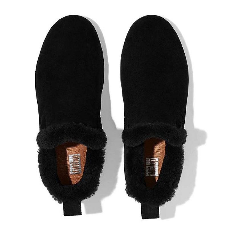 Women's FitFlop Rally Shearling Lined Suede Slip On Sneakers Black | 912FNIVGD