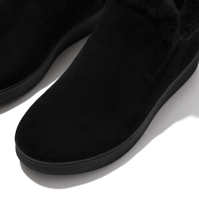 Women's FitFlop Rally Shearling Lined Suede Slip On Sneakers Black | 912FNIVGD