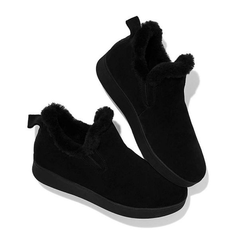 Women's FitFlop Rally Shearling Lined Suede Slip On Sneakers Black | 912FNIVGD