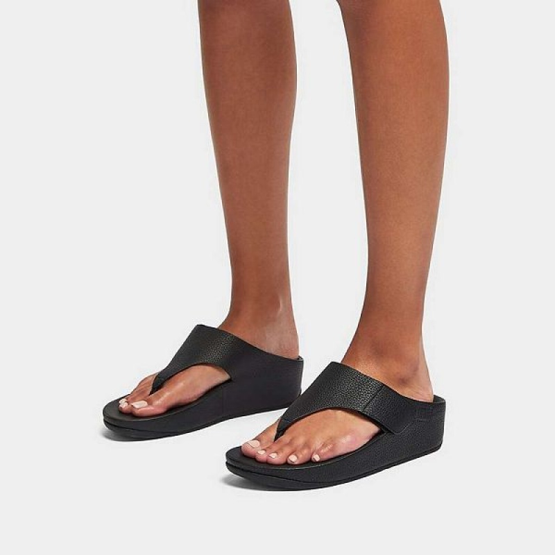 Women's FitFlop Shuv Adjustable Raw Edge Tumbled Leather Toe-Post Sandals Black | 460MHYDEX