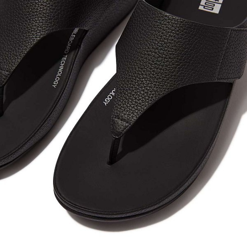 Women's FitFlop Shuv Adjustable Raw Edge Tumbled Leather Toe-Post Sandals Black | 460MHYDEX