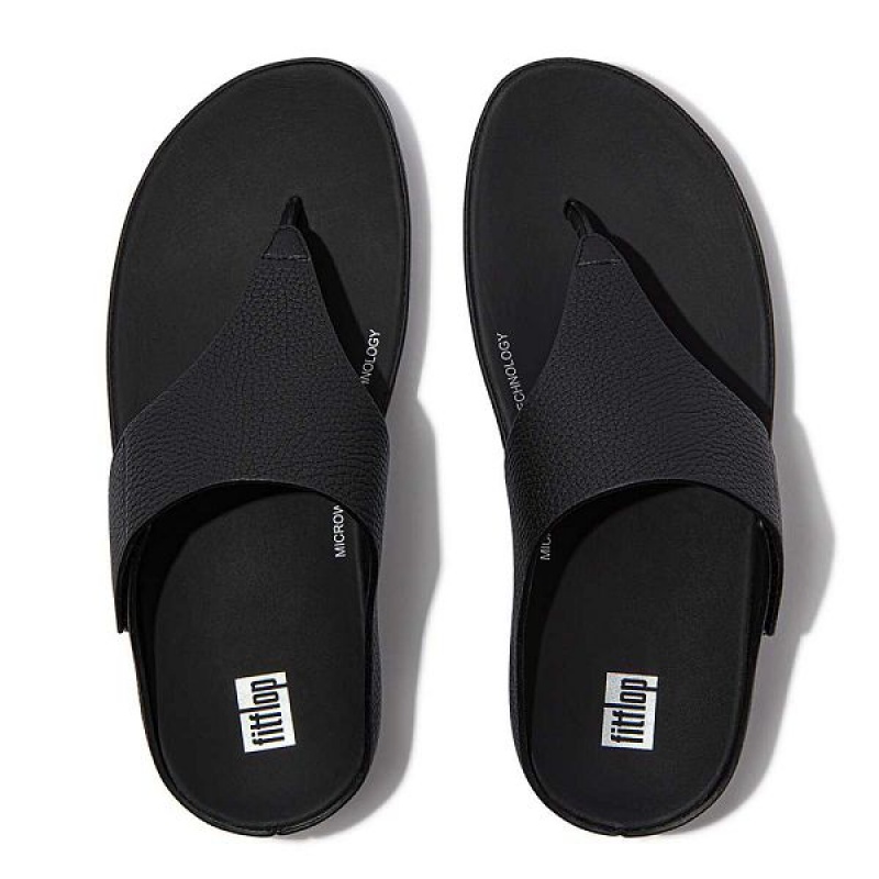 Women's FitFlop Shuv Adjustable Raw Edge Tumbled Leather Toe-Post Sandals Black | 460MHYDEX