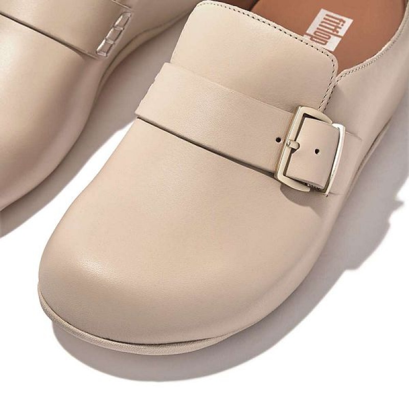 Women's FitFlop Shuv Buckle Strap Leather Clogs Grey / Beige | 658KIXOBH