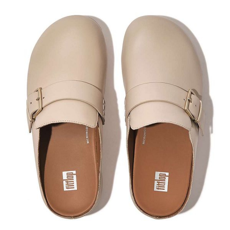 Women's FitFlop Shuv Buckle Strap Leather Clogs Grey / Beige | 658KIXOBH