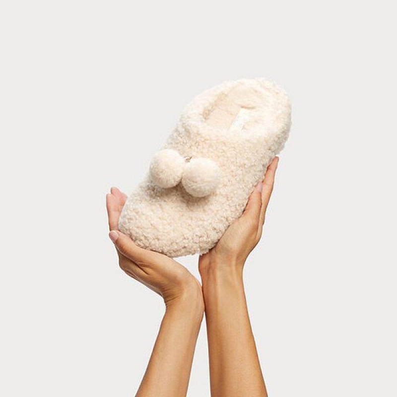 Women's FitFlop Shuv Pom Pom Shearling Clog Slippers White | 621RGCZNO