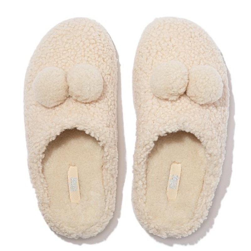 Women's FitFlop Shuv Pom Pom Shearling Clog Slippers White | 621RGCZNO