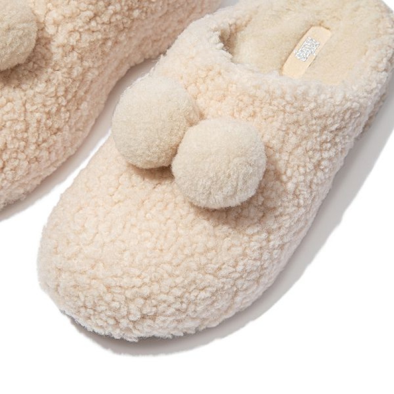 Women's FitFlop Shuv Pom Pom Shearling Clog Slippers White | 621RGCZNO