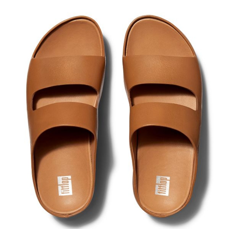 Women's FitFlop Shuv Two Bar Leather Slides Light Brown | 420WUHFIO