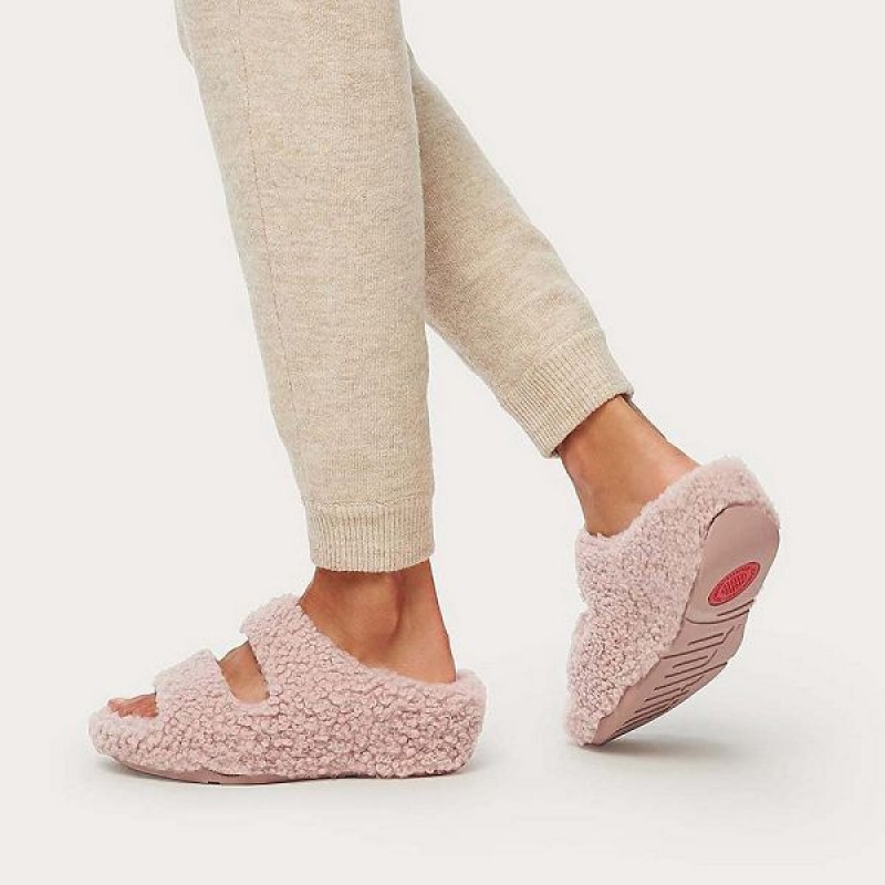 Women's FitFlop Shuv Two Bar Shearling Slides Pink | 978AVZHRT