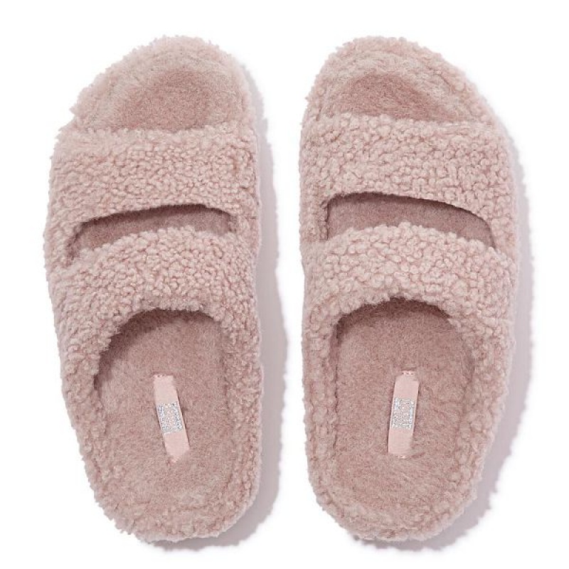 Women's FitFlop Shuv Two Bar Shearling Slides Pink | 978AVZHRT