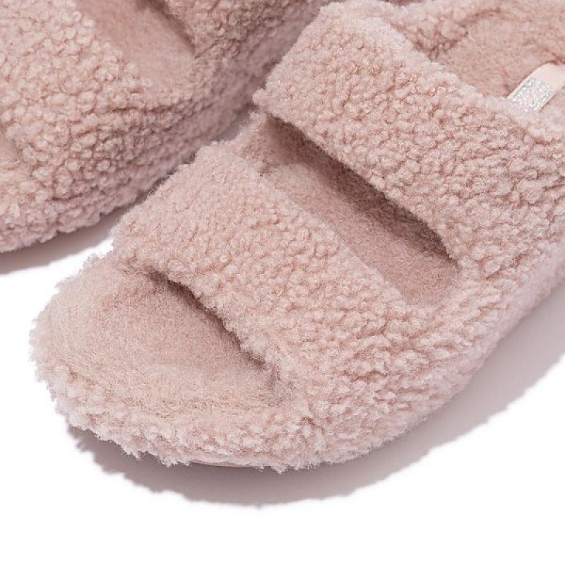 Women's FitFlop Shuv Two Bar Shearling Slides Pink | 978AVZHRT