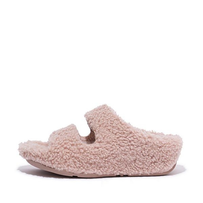 Women\'s FitFlop Shuv Two Bar Shearling Slides Pink | 978AVZHRT