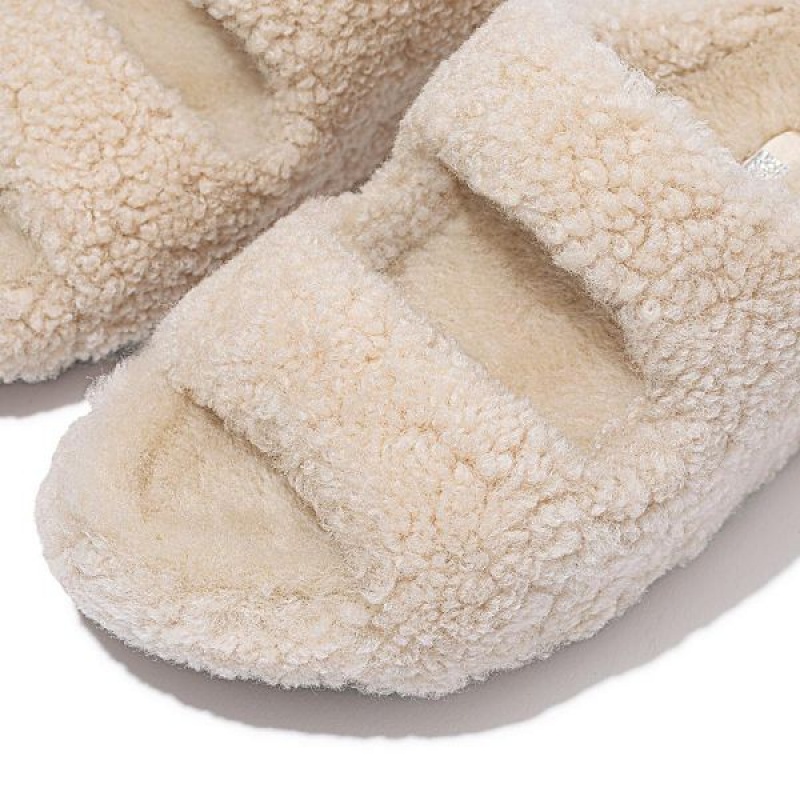 Women's FitFlop Shuv Two Bar Shearling Slides White | 895LPUBSX