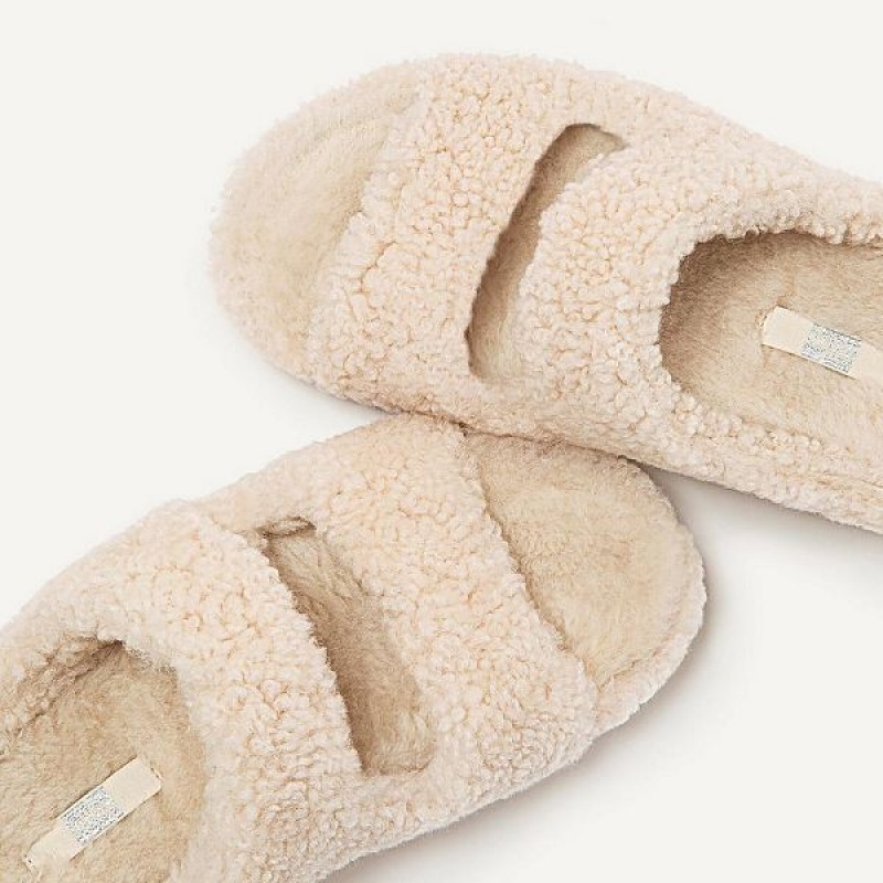 Women's FitFlop Shuv Two Bar Shearling Slides White | 895LPUBSX