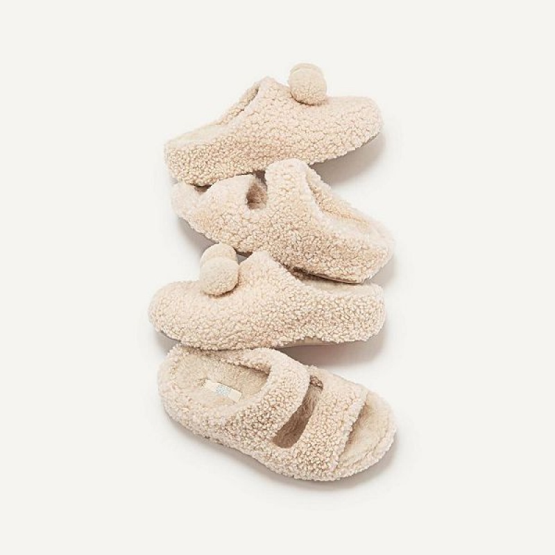 Women's FitFlop Shuv Two Bar Shearling Slides White | 895LPUBSX