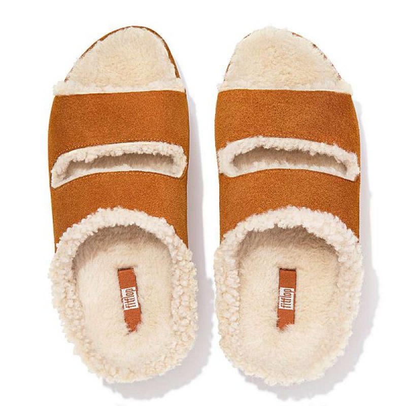 Women's FitFlop Shuv Two Bar Shearling Suede Slides Light Brown | 201MQVXKN