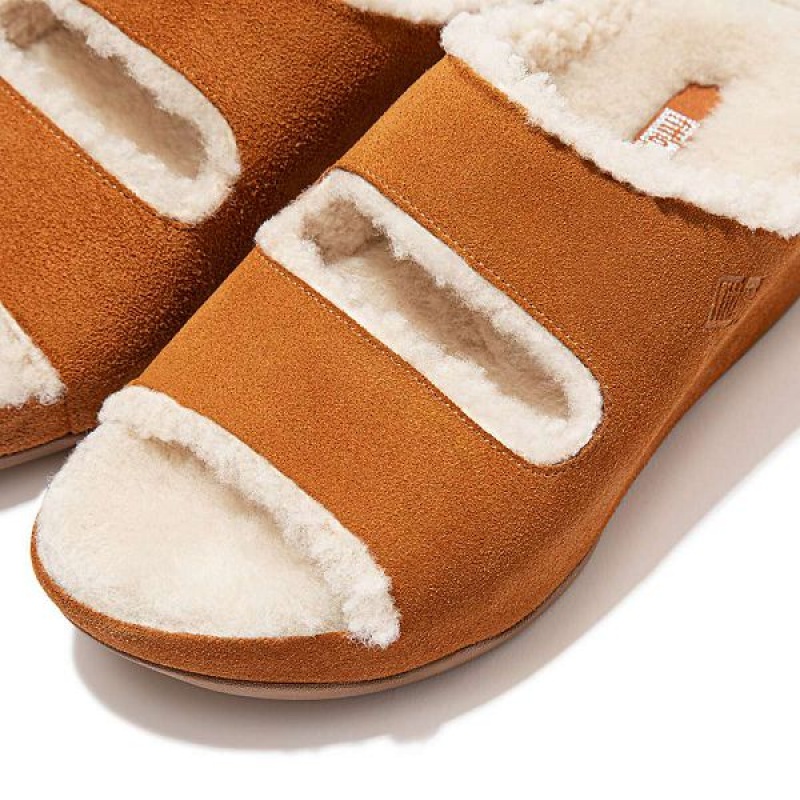 Women's FitFlop Shuv Two Bar Shearling Suede Slides Light Brown | 201MQVXKN