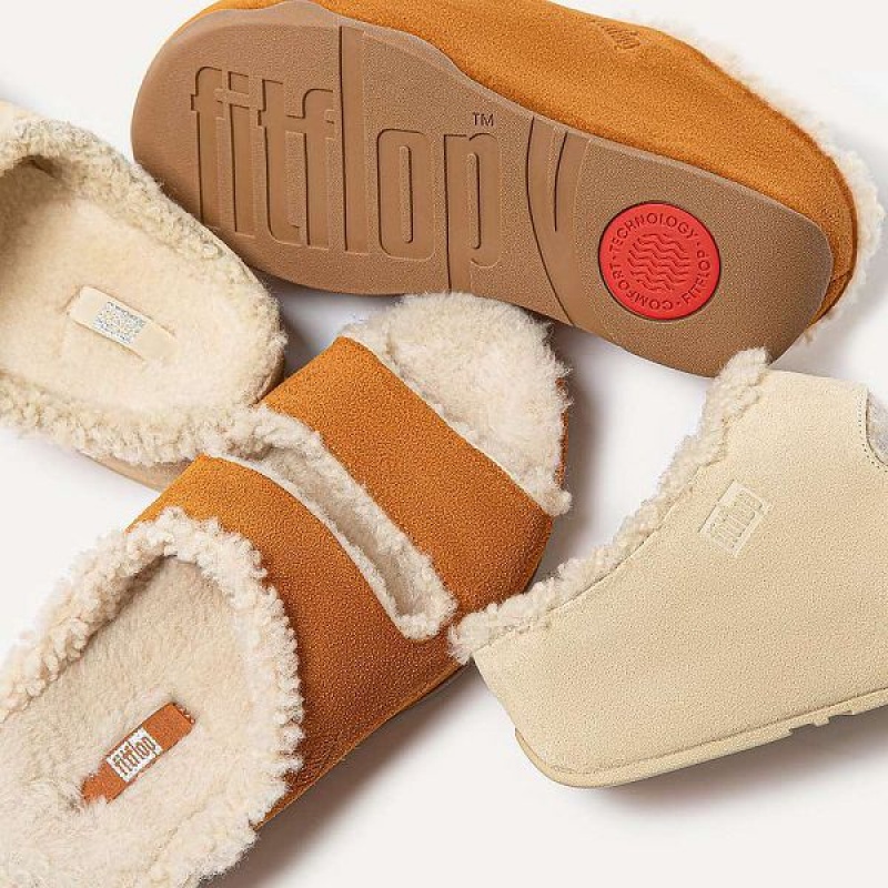 Women's FitFlop Shuv Two Bar Shearling Suede Slides Light Brown | 201MQVXKN