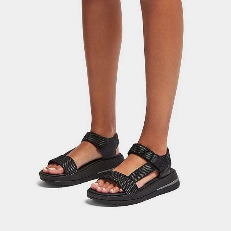 Women's FitFlop Surff Two Tone Sports Webbing Leather Back-Strap Sandals Black | 104JYMVBC