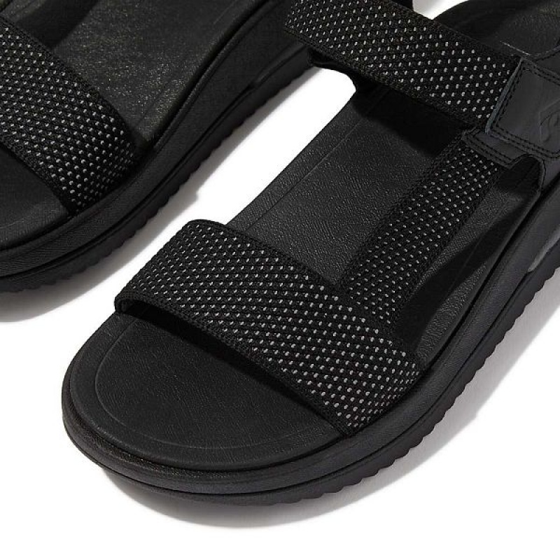 Women's FitFlop Surff Two Tone Sports Webbing Leather Back-Strap Sandals Black | 104JYMVBC