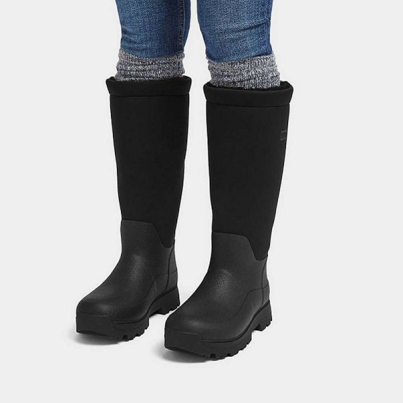 Women's FitFlop Wonderwelly Atb High Performance Fleece Lined Roll Down Wellington Rain Boots Black | 940BUYMON